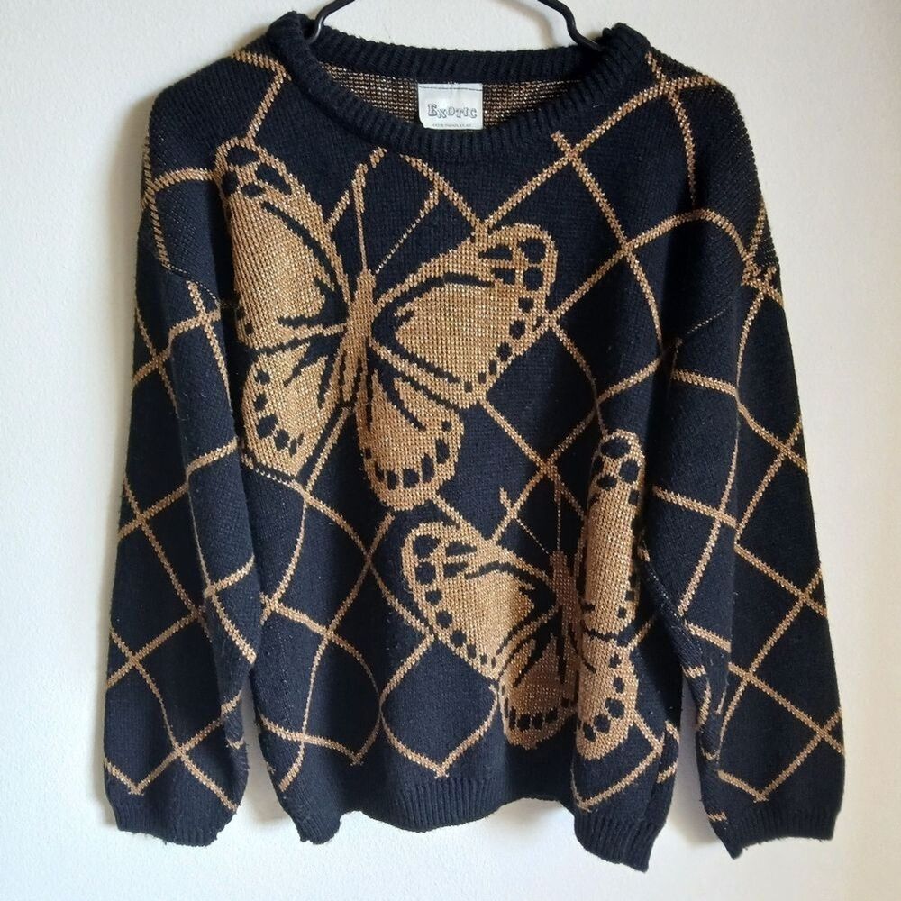 Exotic Black Sweater w Gold Butterfly